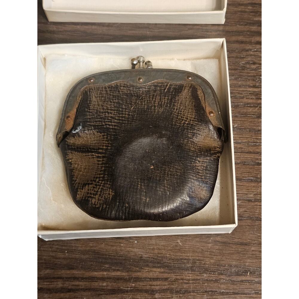 Antique Vintage Distressed Leather Double Kiss Clasp Coin Purse Pouch